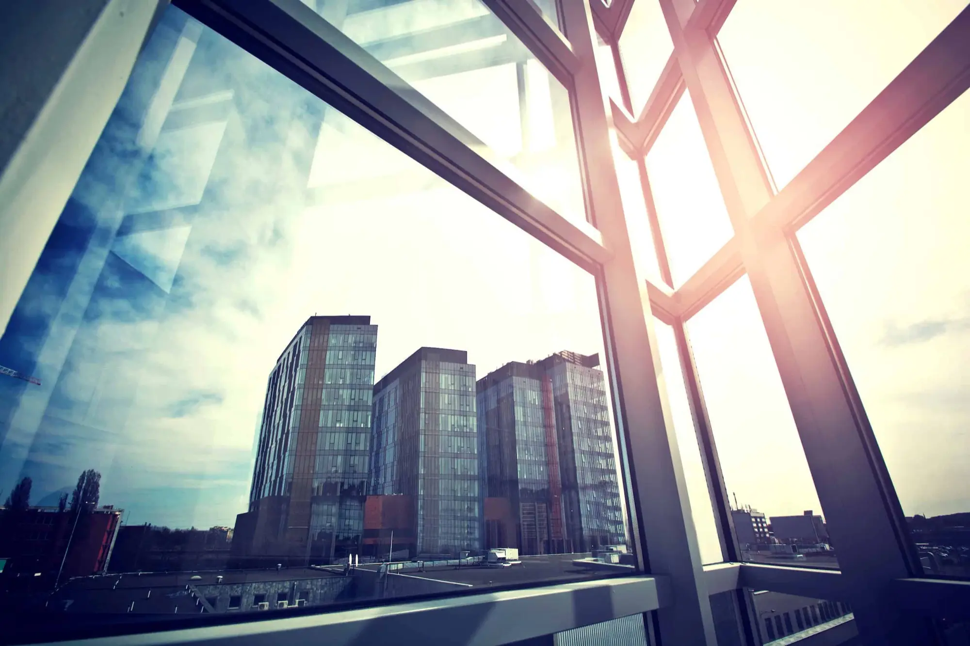 Sunlight through the glass facade of a modern office building